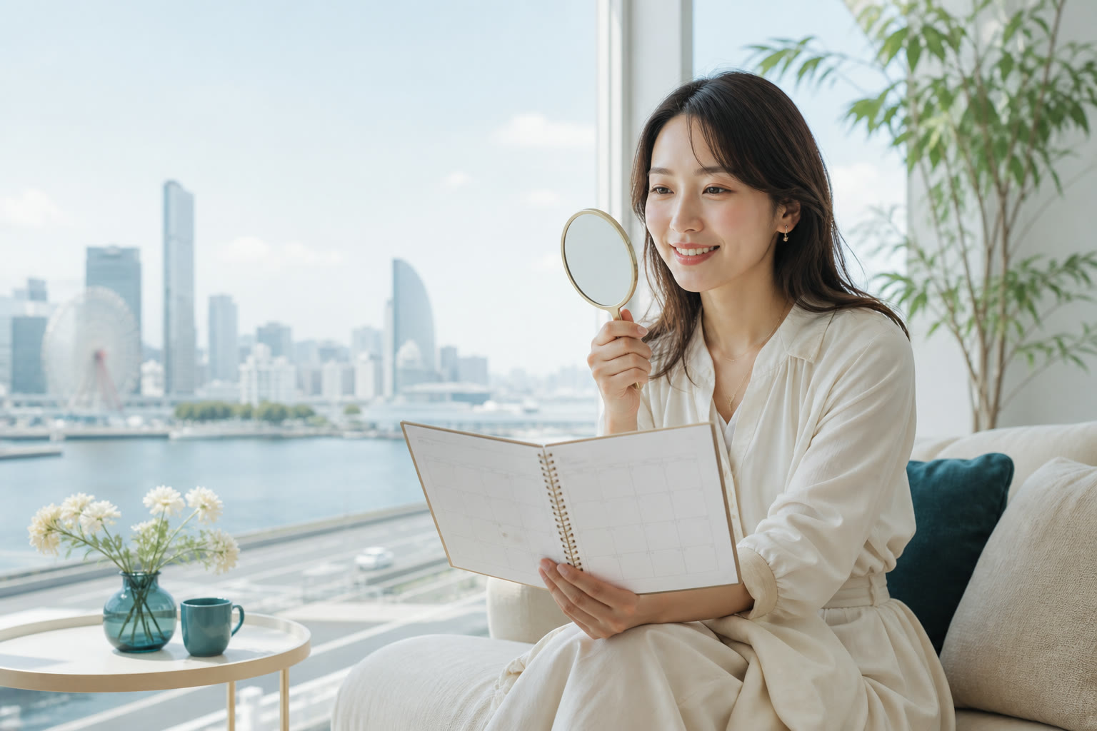 横浜の窓辺で手鏡と予定表を持ち、結婚式や前撮り前のホワイトニング時期を考える女性のイメージビジュアル