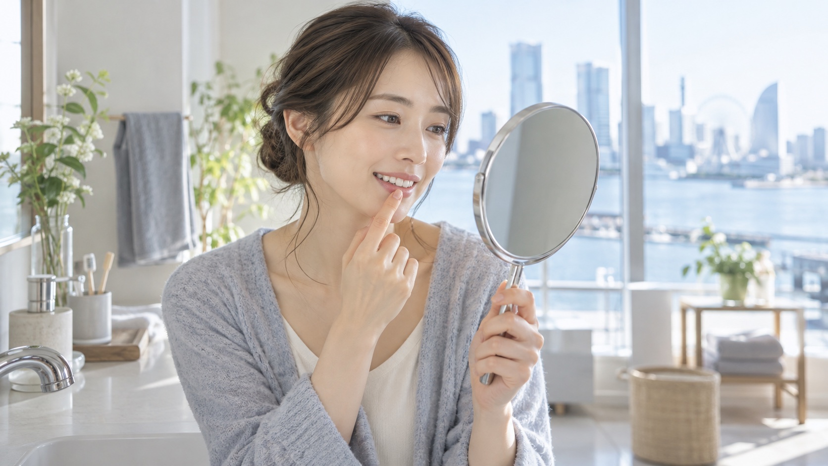 横浜の明るい洗面スペースで鏡を見ながら一本の歯の色を確認する女性のイメージビジュアル