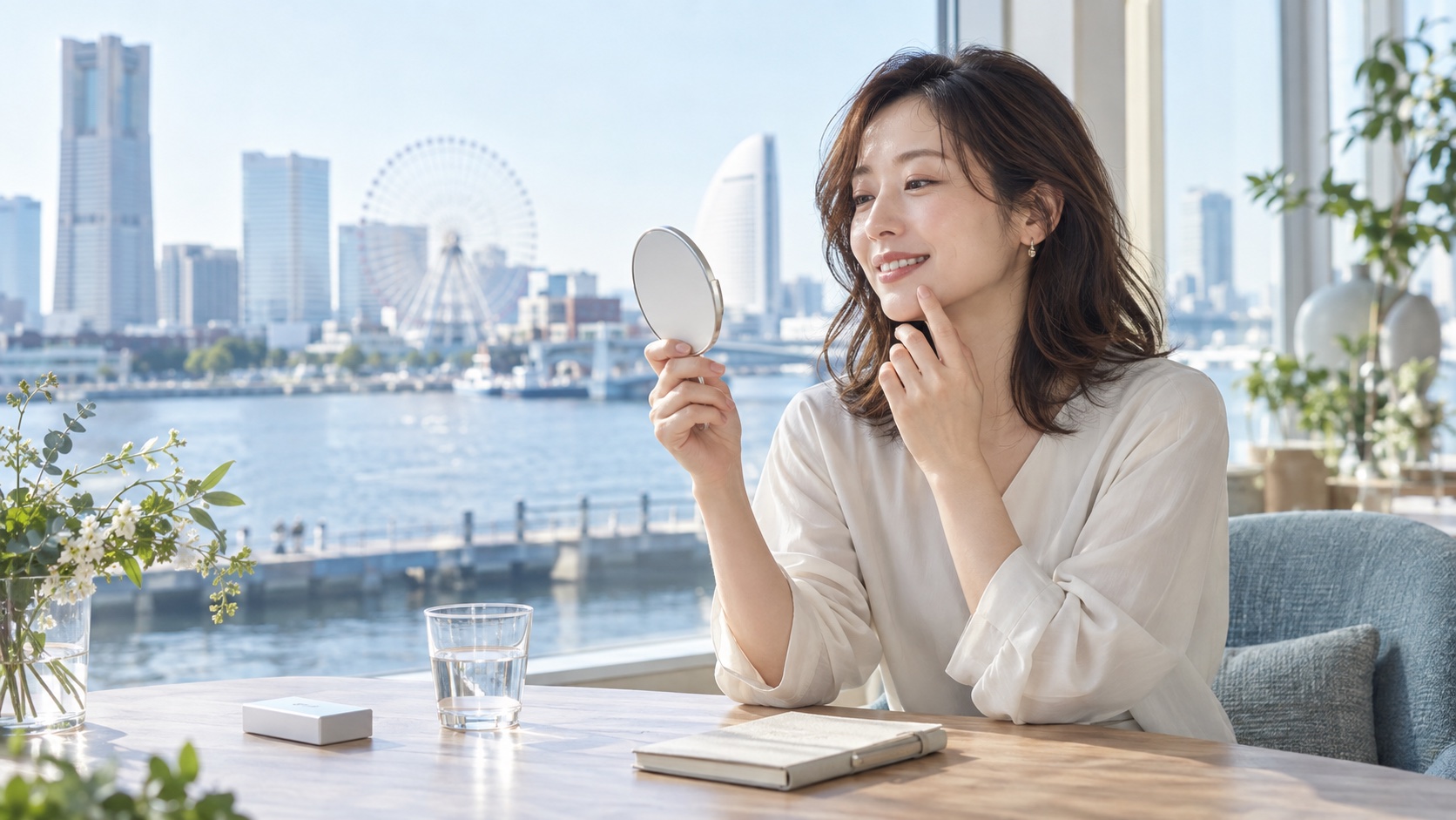 横浜の窓辺で水と閉じたたばこの箱を前にホワイトニング後の喫煙を考える女性のイメージビジュアル