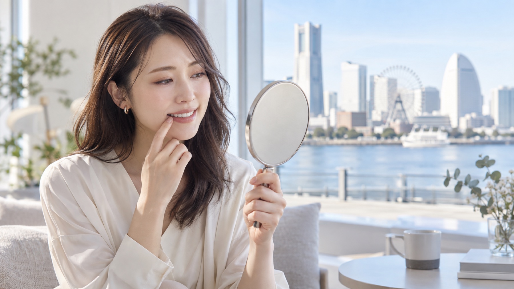 横浜の窓辺で鏡を見ながら一本だけ暗く見える歯について歯科相談を考える女性のイメージビジュアル