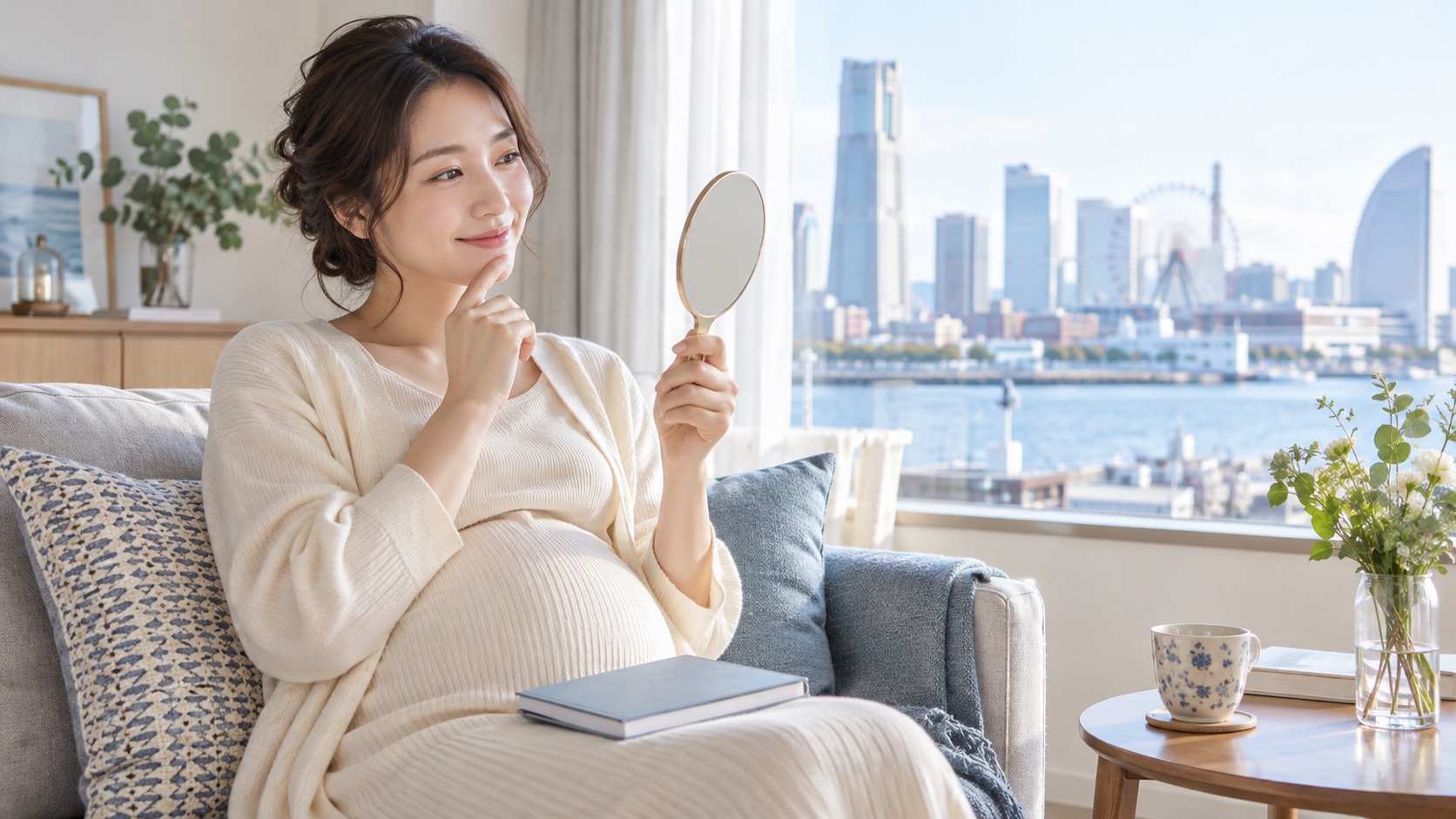 横浜の窓辺で手鏡を持ち、妊娠中の歯のケアについて考える女性のイメージビジュアル