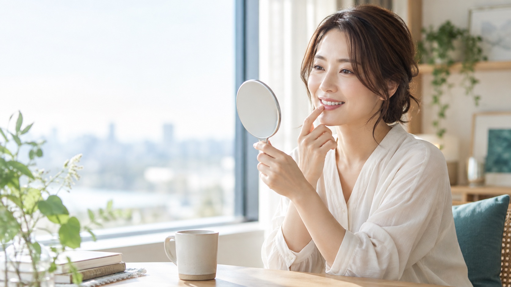 鏡で口元を確認しながらホワイトニング前の歯科相談を考える女性のイメージビジュアル