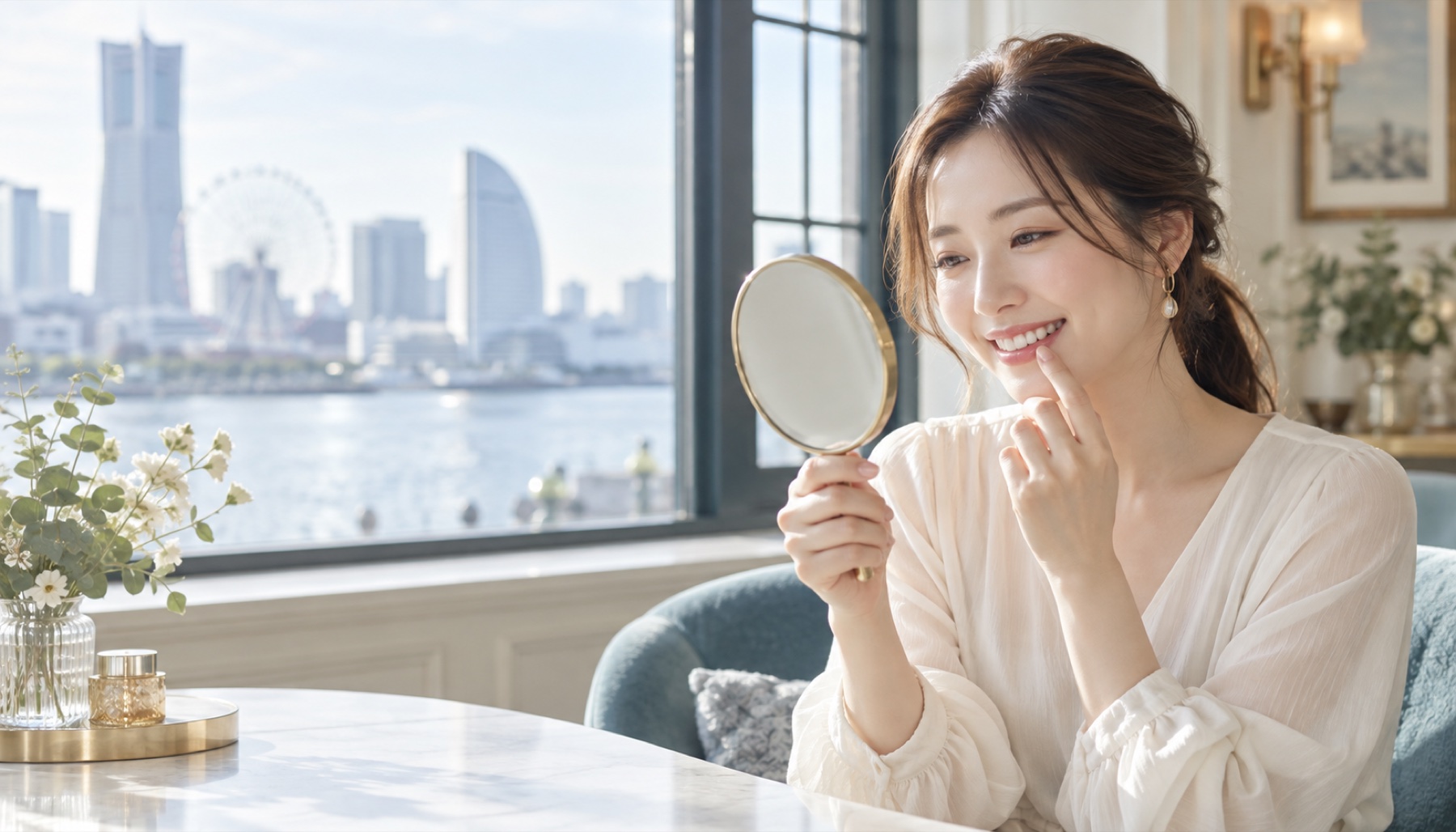 横浜の窓辺で鏡を見ながら歯の白い斑点について歯科相談を考える女性のイメージビジュアル