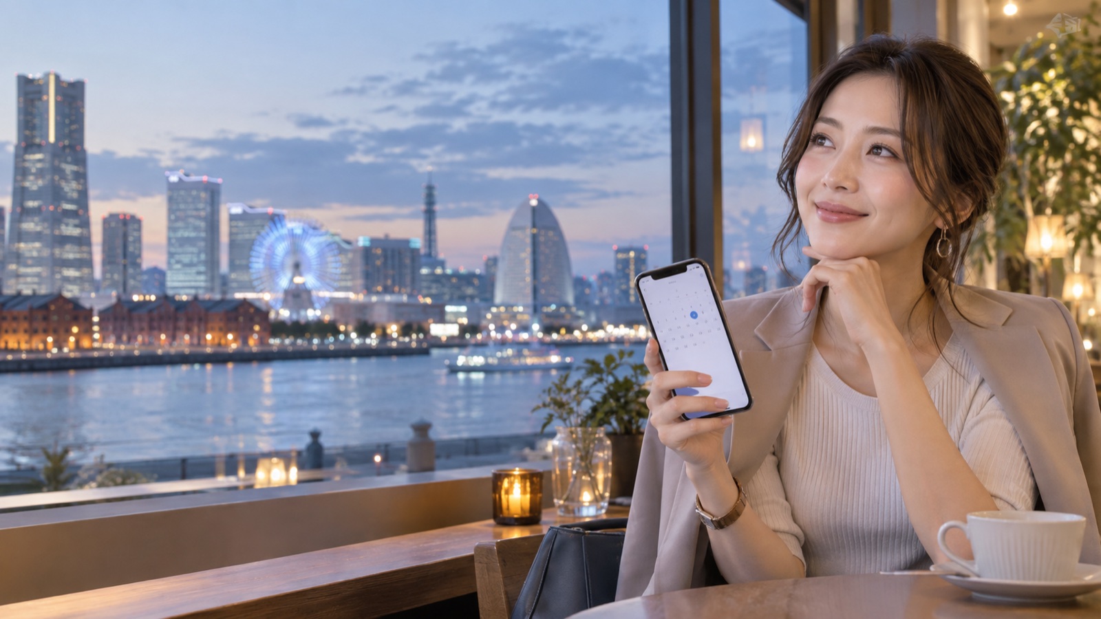 横浜の夕景を背景にスマートフォンで予約日を考える女性のイメージビジュアル